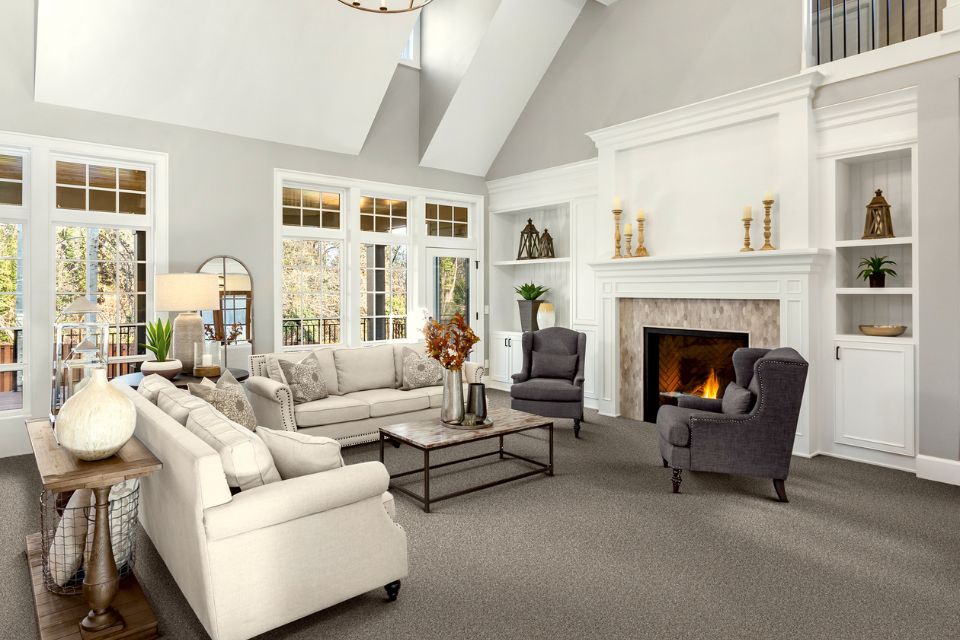 plush gray carpet in modern farmhouse living room